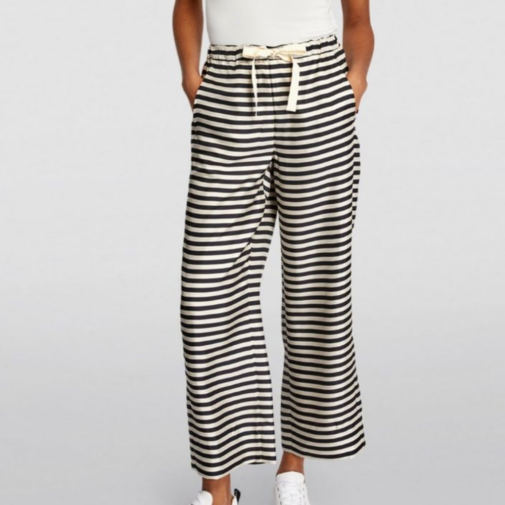 Maxmara Black/White Striped High Waisted Wide Leg Straight Silk Pants